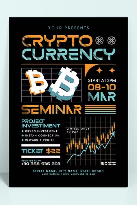 Crypto Currency Conference Flyer Template AI, EPS Crypto Design Poster, Crypto Poster, Conference Flyer Design, Conference Poster, Flyer Poster, Work Place, Crypto Currencies, Poster Template, Print Templates