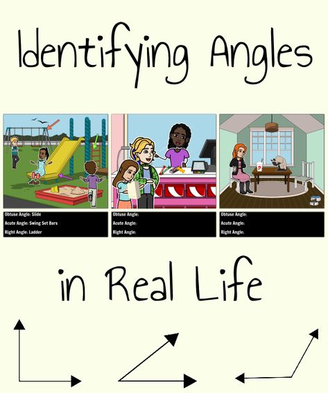 Have students identify the types of angles that appear in various scenes! Create your own or use the template. Students can also measure the angles to practice reading a protractor. Teaching Angles, Teach Angles, Angle Activities, Types Of Angles, Shape Chart, Basic Geometry, Circle Math, Math Tasks, Practice Reading