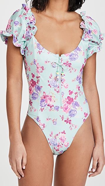 LoveShackFancy Fantasia One Piece Swim Suit | SHOPBOP Women Sporty Outfits, Floral One Piece Swimsuit, 1 Piece Swimsuit, One Piece Swim, Swimsuit Cover Ups, Outfits Women, Puffed Sleeves, Fashion Editor, China Fashion