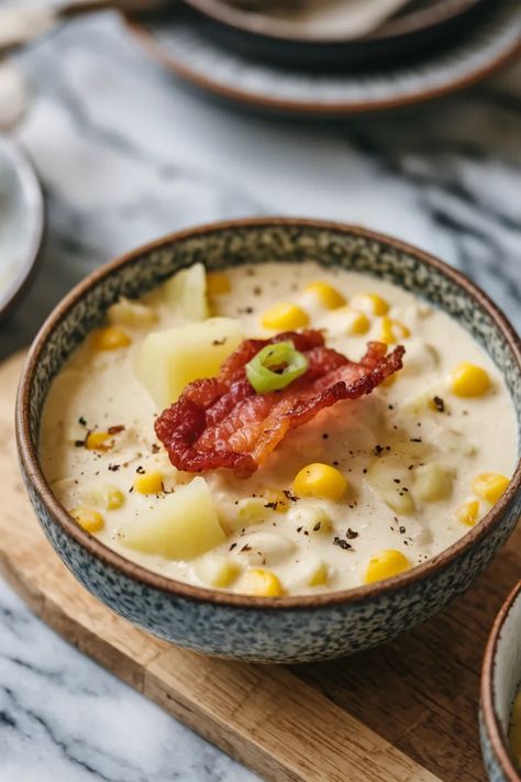 A photo of a  Potato and Corn Chowder a potato soup recipes Potato Soup With Yukon Gold Potatoes, Potatoe Corn Chowder Soup, Potato Cabbage Soup, Potato Corn Soup, Potato Corn Chowder Soup, Corn Potato Chowder, The Best Potato Soup, Potato Soup With Bacon, Potato Soup Recipes