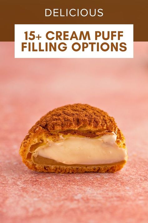 Tiramisu cream puff sliced to display mascarpone cream and coffee pastry cream filling Cream Puff Filling Ideas, Raspberry Cream Puff, Vanilla Cream Puffs, Homemade Cream Puffs, Cream Puff Filling, Cream Pastry, Cream Puff Recipe, Baking Games, Choux Pastry