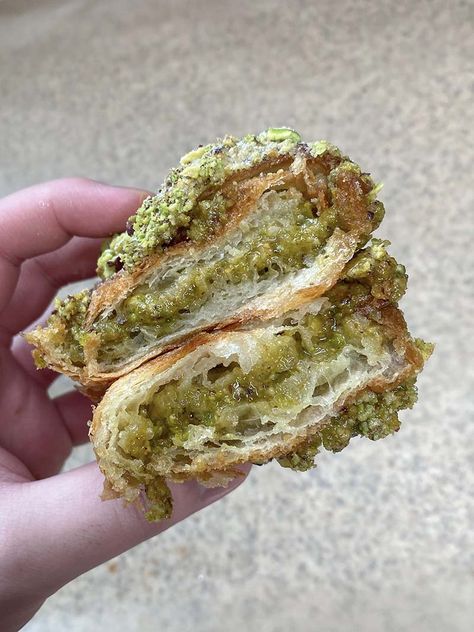 Pistachio Croissants | Ash Baber Quick Croissant Recipe, Pistachio Croissant Filling, Pistachio Puff Pastry, Pistachio Crossaint, Pistachio Cream Croissant, Recipes With Pistachio Butter, Pistachio Pastry Cream, Pistachio Cornetto, Pistachio Croissant Recipe