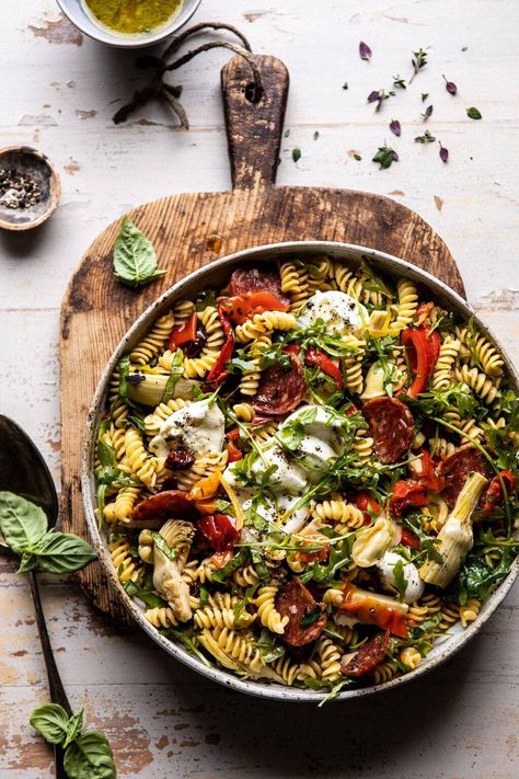 Antipasto Pasta Salad with Herby Parmesan Vinaigrette | halfbakedharvet.com #pasta #easyrecipes #pastasalad #mothersday Half Baked Harvest Lunch Ideas, Antipasti Pasta Salad, Half Baked Harvest Pasta Salad, Pasta Salad Half Baked Harvest, Antipasto Pasta Salad, Antipasto Pasta, Antipasto Pasta Salads, Salad Appetizer Cups, Half Baked Harvest Recipes