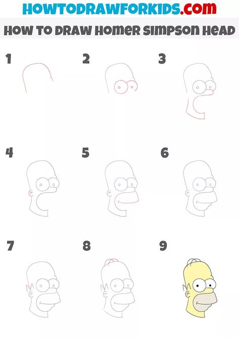 How to Draw Homer Simpson Head - Drawing Tutorial For Kids How To Draw Homer Simpson Step By Step, How To Draw The Simpsons Step By Step, How To Draw Simpsons, How To Draw Homer Simpson, Homer Simpson Paintings, Homer Simpson Drawing, Disney Drawing Tutorial, Fun Chalk Art, Draw Cartoons