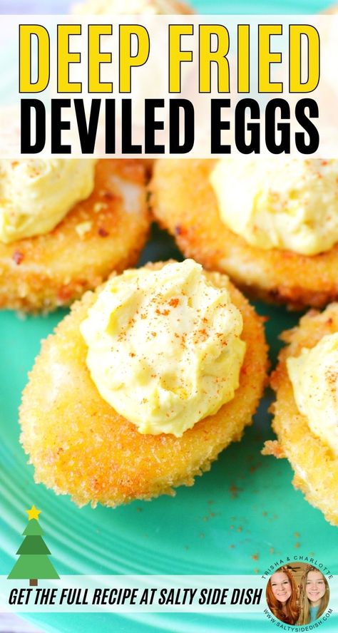 Deep Fried Deviled Eggs in crispy Panko bread crumbs and a soft creamy yolk center is an absolutely indulgent holiday appetizer. These deep fried, golden brown panko covered eggs are a true southern delicacy. Rich, delicious, and just the right amount of crunch, skip the old boring deviled egg and opt for the new! Once you get the hang of deep frying these eggs, there is no turning back. The trick is to keep from eating them while you are making them! Deep Fried Deviled Eggs, Deep Fried Egg, Salty Side Dish, Egg Appetizer, Devil Eggs, Fried Deviled Eggs, Deep Fried Recipes, Deviled Eggs Easy, Deep Fried Food