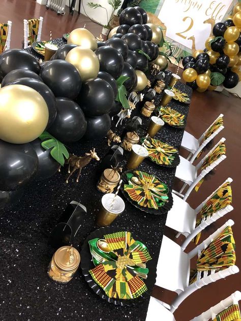 Elle’s Royal Safari  | CatchMyParty.com African Themed Party, Africa Theme Party, African Wedding Theme, Africa Party, African Inspired Wedding, Princess Birthday Party Ideas, African Theme, African Princess, 50th Birthday Decorations