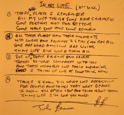 Original John Lennon’s hand written lyrics for “In My Life." Handwritten Lyrics, Beatles Lyrics, Rubber Soul, Behind Blue Eyes, Life Lyrics, Beatles John, Bette Midler, Love Me Do, Beatles Songs