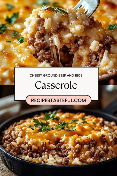 **Cheesy Ground Beef and Rice Casserole** is a hearty, comforting dish that's perfect for busy weeknights! Ground beef is combined with fluffy rice, savory seasonings, and melted cheese, creating a filling and flavorful casserole that the whole family will love. Easy to make and fully customizable with your favorite veggies or spices, this cheesy casserole is a one-pan meal that’s simple, satisfying, and sure to become a weeknight favorite! Rice Beef Casserole, Rice And Ground Beef Recipes, Ground Beef And Rice Recipes, Ground Beef And Rice Casserole, Cheesy Ground Beef And Rice, Beef And Rice Casserole, Cheesy Ground Beef, Ground Beef And Rice, Ground Beef Rice