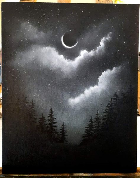 Dark Night Sky Painting, Night Sketches Pencil, Night Sky Sketch Pencil, Moon Clouds Drawing, Night Drawing Pencil, Black And White Acrylic Painting Ideas, Sky Sketch Pencil, Forest At Night Painting, Dark Sky Drawing