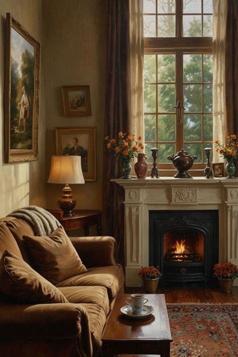 Cozy Antique Living Room, Cozy Drawing Room, Old English Living Room, Light Academia Living Room, Antique Living Room, English Living Room, Parlor Room, Color Palette Living Room, House Vibes