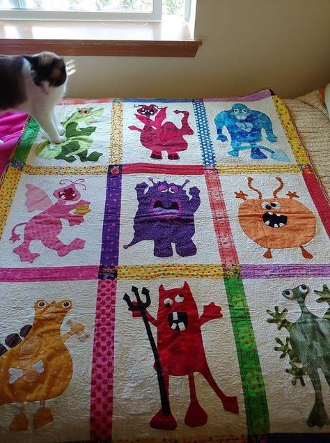 This Amazing Monster Quilt My Mother And I Found At A Kids Thrift Store For $4.99 Monster Quilt Pattern, Weird Objects, Monster Quilt, Thrift Shop Finds, Shop Garage, Plush Backpack, Cat Artwork, Thrift Shop, Weird And Wonderful