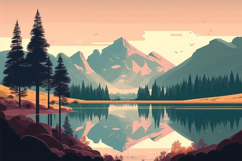 Rocky Mountains Illustration, Nature Landscape Illustration, Mountain Lake Illustration, Lake Illustration Water, Ipad Landscape Wallpaper, Nature Illustration Landscapes, Art Wallpaper Landscape, Mountain Scenery Photography, Mountain Illustration Design