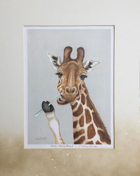 giraffe brushing teeth by Mishell Swartwout Bathroom Artwork Ideas Diy, Giraffe Bathroom Decor, Giraffe Bathroom, Toothbrush Art, Kids Bathroom Makeover, Teeth Illustration, Dentist Art, Kids Bathroom Art, Giraffe Pictures