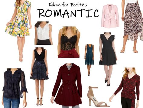 Petite Theatrical Romantic, Romantic Kibbe Body Type Style, Romantic Type Kibbe Outfits, Petite Romantic Style, Kibbe Romantic Clothes, Ingenue Essence Jewelry, Romantic Looks For Women, Romantic Kibbe Style Fashion Looks, Kibbe Romantic Capsule Wardrobe