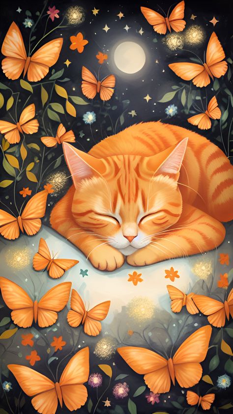 Ginger Cat Art, Cat Phone Wallpaper, Whimsical Art Paintings, Orange Tabby Cats, Pola Kristik, Cute Cat Wallpaper, Cat Artwork, Orange Tabby, Cats Illustration