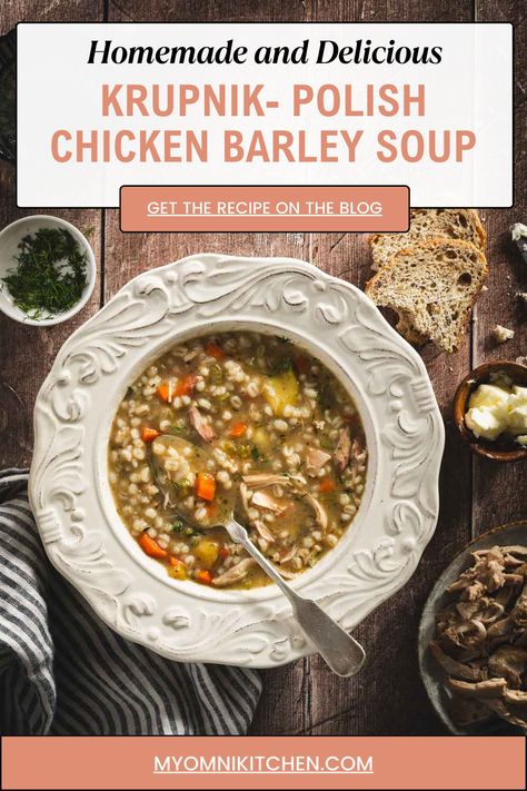 One pot and cooked and ready to serve in one hour. The seared chicken thighs is what gives this soup that delicious, comforting feel. You can very easily adapt Krupnik to your flavor palate. I encourage you to make the original recipe first. You will love it as is. Guaranteed! Soup One Pot, Chicken Barley, Chicken Barley Soup, Polish Soup, Polish Chicken, Seared Chicken, Barley Soup, Veggie Soup, Hot Soup