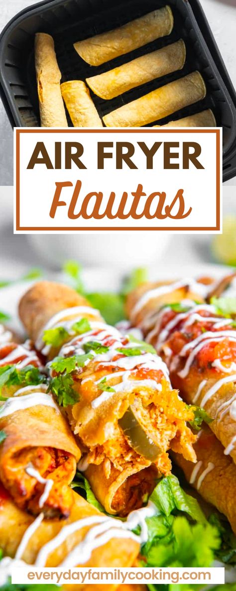 Chevys Flautas Recipe, Healthy Chicken Flautas, Homemade Chicken Flautas, Air Fry Flautas, Flautas Recipe Flour Tortillas, Canned Chicken Air Fryer Recipes, Canned Chicken Flautas, Air Fried Flautas, Airfryer Flautas