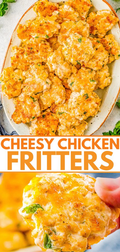 Cheesy Chicken Fritters, Cheesey Chicken, Chicken Fritters Recipe, Chicken Fritters, Healthy Orange Chicken, Chicken Mozzarella, Chicken Cake, Chicken Appetizers, Slider Buns