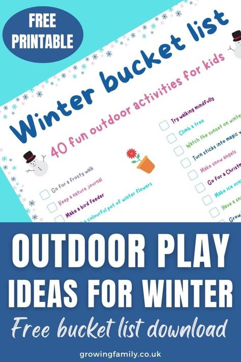 Fun outdoor activities with kids: free printable winter bucket list - Growing Family January Bucket List Ideas Kids, Winter Jokes, Activities With Kids, Nature Craft, Fun Outdoor Activities, Types Of Play, Kids Outdoor Play, Winter Bucket List, Winter Outdoor Activities