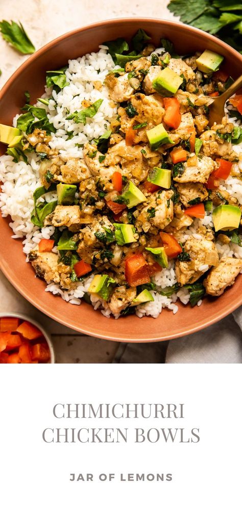 chimichurri chicken bowls served with a gold fork. Chimichurri Sauce Chicken, Jar Of Lemons, Chimichurri Sauce Recipe, Chimichurri Chicken, Sides For Chicken, Chimichurri Recipe, Chicken Bowls, Fluffy Rice, Easy Chicken Dinner Recipes