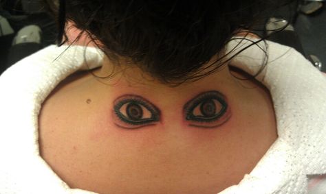 Instead of "eyes on the back of my head", I got eyes on the back of my neck, so my kids know I see what they do behind my back too! Lol Eye Tattoo On Back Of Neck, Eyes On The Back Of Neck Tattoo, Eye Tattoo Behind Neck, 3rd Eye Neck Tattoo, Eye Tattoo On Back, Eyes Without A Face Tattoo, Third Eye Tattoo Back Of Neck, Tattoo On Back Of Neck, Tattoo On Back