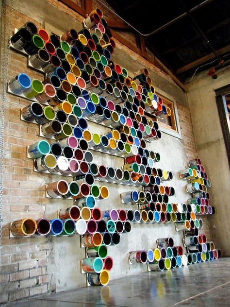 love this use of old paint tins - when they're empty, make sure you use the dregs to colour the inside and front edge, then dry and use - match the decor! Paint Can, Paint Cans, The Wall, Paint, Wall, Art