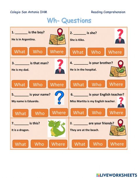 Wh questions online worksheet for grade2. You can do the exercises online or download the worksheet as pdf. Who What Where When Why How Activities, Wh Question Worksheet For Kids, Wh Question Worksheet, Where Worksheet, Wh Questions Worksheet, Wh Questions Exercises, Free Printable Multiplication Worksheets, Printable Multiplication Worksheets, Reading Comprehension For Kids