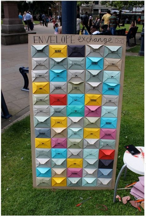 In each of these envelopes is a lovely message for you to take away with you to brighten up your day - and all you have to do in exchange is to write a nice message for someone else to find :) Message For Someone, Gorillas Art, Street Installation, 달력 디자인, Interactive Walls, Art Exhibits, Art Appliqué, Group Art, Interactive Installation