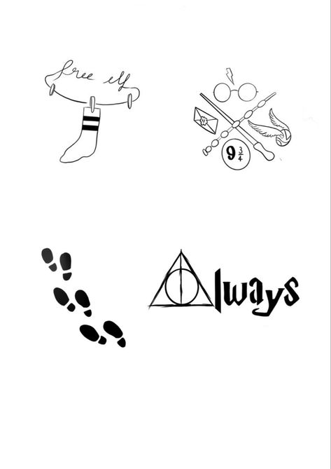 Harry Potter Flash Tattoo Sheet, Harry Potter Line Art, Harry Potter Flash Tattoo, Harry Potter Doodles, Doodle Tattoos, Harry Potter Tattoo Sleeve, Harry Tattoos, Potter Tattoo, Beginner Tattoos