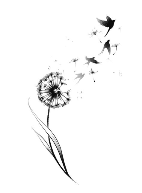 Dandelion Flower Tattoo Black And White, Dandelion Into Birds Tattoo, Dandelion To Birds Tattoo, Let Them Tattoo With Dandelion, Dandelion Ear Tattoo, Dandelion Rib Tattoo, Dandelion Tattoo With Birds, Tattoo Ideas Dandelion, Back Tattoo Inspiration