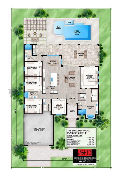 South Florida Design 2400sf Coastal Contemporary House Plan-South Florida Design 1 Story House, Florida House Plans, Pool House Plans, House Plans One Story, Beach House Plans, 4 Bedroom House Plans, Contemporary Style Homes, Contemporary House Plans, Beach House Design