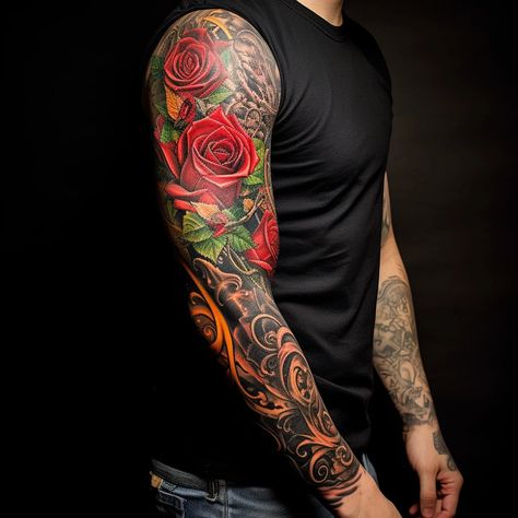 I will do premium quality tattoo sleeve art for you Colorful Sleeve Tattoos For Guys, Colorful Sleeve Tattoos, Rose Tat, Masculine Tattoos, Realistic Tattoo Sleeve, Custom Tattoo Design, Tattoo Sleeve Men, Dream Tattoos, Arm Sleeve