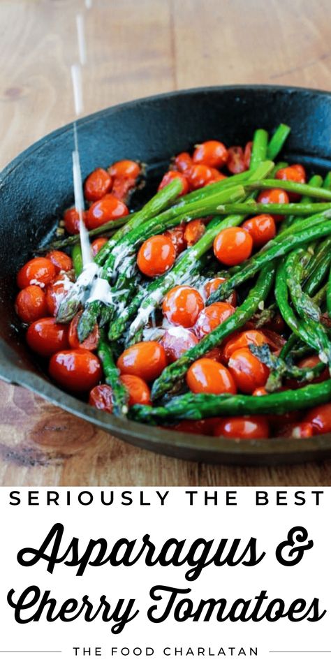 Sautéed Asparagus with Tomatoes from The Food Charlatan. This simple sautéed asparagus is paired beautifully with bright cherry tomatoes. A splash of cream and Parmesan rounds everything out. If you don't know how to sauté asparagus, it's easy! It's great year-round as a summer side dish or the perfect complement to a holiday meal. Somehow it's right in the space where healthy and decadent meet - just the way I like my vegetables. Make it for dinner tonight or your next gathering. Asparagus Tomato Recipes, Asparagus And Tomato Recipes, Sauté Asparagus, Asparagus With Tomatoes, Asparagus And Cherry Tomatoes, Easy Veggie Sides, Sautéed Asparagus, Asparagus Side Dish, Saute Asparagus