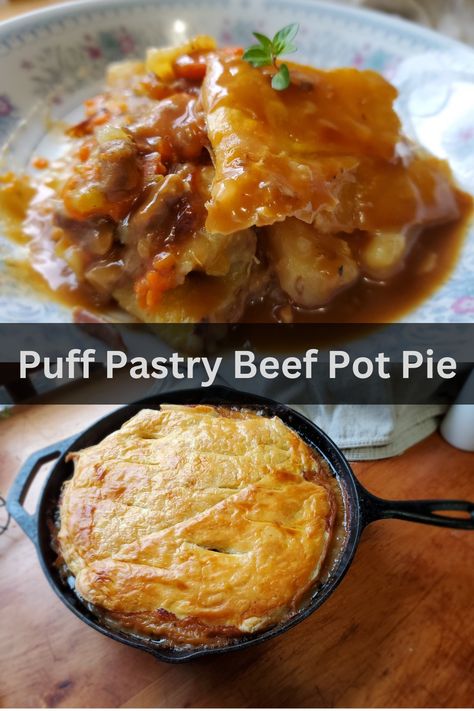 Delicious beef stew meat, potatoes, and carrots in a rich broth baked with a crispy puff pastry top. Beef Pot Pie Puff Pastry, Puff Pastry Shepards Pie, Beef Stew With Puff Pastry, Easy Beef Pot Pie Recipe Puff Pastries, Beef Stew Meat And Rice Recipes, Puff Pastry Beef Pot Pie, Meat Pie With Puff Pastry, Beef Potpie Homemade, Beef Pastry Puff