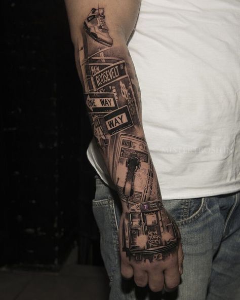 New York Tattoo Sleeve, New York Tattoo Ideas For Men, New York City Tattoo, Tom Tattoo, Train Tattoo, Gladiator Tattoo, Half Sleeve Tattoos Forearm, New York Tattoo, Sleeve Tattoo Ideas