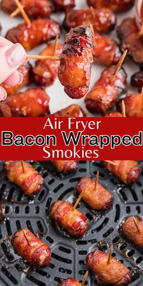 How To Cook Lil Smokies, Lil Sausage Recipes, Bacon Wrapped Smokies Air Fryer, Air Fryer Little Smokies, Sausage Appetizers Finger Foods, Bacon Wrapped Smokies Oven, Little Smokey Recipes, Bacon Wrapped Recipes Appetizers, Little Sausage Recipes Lil Smokies