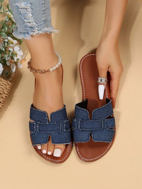 Women Cut Out Slide Sandals, Fashion Summer Flat Sandals | SHEIN USA Elegant Shoes Heels, Sandals Shein, Types Of Sandals, Custom Sneakers Diy, Women Slippers Fashion, Summer Sandals Flat, Pretty Sandals, Shoes Heels Classy, Fashion Shoes Sandals