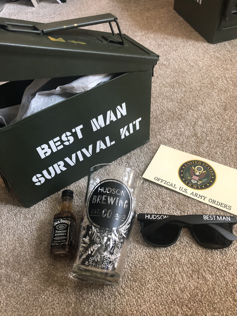 Perfect groomsman or best man proposal for a military groom! Ammo can filled with personalized sunglasses, glass, alcohol, and “official Army orders”. Best Men Invitation, Groomsmen Proposal Gifts Non Alcoholic, Country Groomsmen Proposal, Groomsmen Proposal Hunting, Groomsmen Proposal Nerdy, Non Alcoholic Groomsmen Gifts, Will You Be My Groomsman Gifts, Groomsman Proposal Ideas Non Alcoholic, Best Man Box Ideas