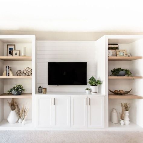 How to Build an Entertainment Center in Your Home | Wayfair Built Ins With Open Shelving, Open Shelving Living Room Bookcases, How To Style Entertainment Unit, Cabinets For Entertainment Center, Bookshelves Beside Tv, Built In Shelves Entertainment Center, Inbuilt Storage Living Room, Build In Living Room Cabinets, Small Built In Cabinets Living Room