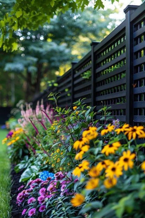 Fence Line Landscaping Ideas I Love Sharing! Front Privacy Landscaping, Corner Of Fence Ideas, Fenced In Backyard Landscaping, Planting Along A Fence Landscaping Ideas, Backyard Plant Ideas Along Fence, Fenced In Flower Garden, Privacy Fence Plant Ideas, Patio Privacy Ideas With Plants, Landscaping Around A Fence