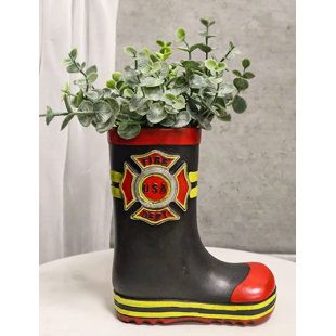 Baby Fireman Boots, Firefighter Tables, Fireman Gifts, Fireman Decor, Firefighter Crafts, Moving Ideas, Boot Vase, Firefighter Party, Firefighter Decor