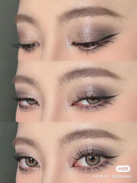 Black Eyeshadow With Silver Glitter, Douyin Silver Makeup, Dark Glittery Makeup, Silver Douyin Makeup, Glitter Eyeshadow Looks, Silver Eyeshadow Looks, Makeup Party Night, Grey Eye Makeup, Grey Makeup