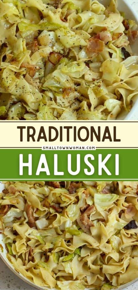 A quick and easy side dish recipe that will quickly become a family favorite! This authentic Haluski recipe combines onions, bacon, garlic, and cabbage all cooked in butter and tossed with egg noodles or dumplings. Make this for a delicious dinner idea for tonight! Halushki With Dumplings, Hulushski Recipe Polish, Haluski Recipe Polish Dumplings, Vegetarian Polish Recipes, Cabbage Biscuits, Halushki Recipe, Polish Haluski Recipe, Hulushski Recipe, Polish Haluski