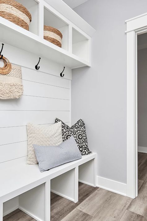 Your mudroom doesn't have to be boring! Check out these 30 mudroom designs that will give you all the inspiration you need. Mudroom Bench Height, Shiplap Drop Zone, Small Mudroom Ideas Entryway Entrance, Built In Bench Entryway, Shoe Storage Laundry Room, Mudroom With Shiplap, Mudd Room Ideas, Coastal Mudroom, Tiny Mudroom