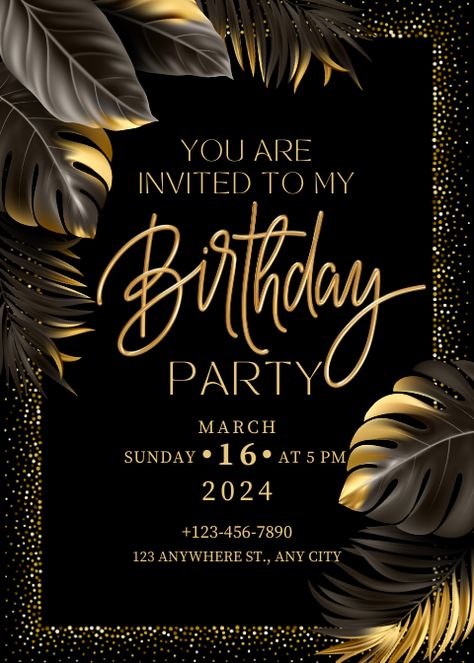 Follow me on Canva for more Canva Templates and Elements: https://www.canva.com/p/vik-ya/ Free Canva Template // Free Canva Template for Canva Pro #Canva #CanvaTemplates Black And Gold Invitations, Happy Birthday Invitation Card, Birthday Invitation Card Template, 21st Birthday Invitations, 50th Birthday Invitations, Birthday Party Invitation Templates, Black Invitation, Happy Birthday Parties, Gold Invitations