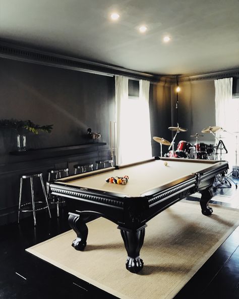 Pool Time 🎱 (painted an old pool table black) Pool Table Black, Black Pool Table, Billiards Room Decor, Snooker Room, Joseph Dirand, Pool Table Room, Man Cave Room, Interior Design Portfolios, Recreational Room