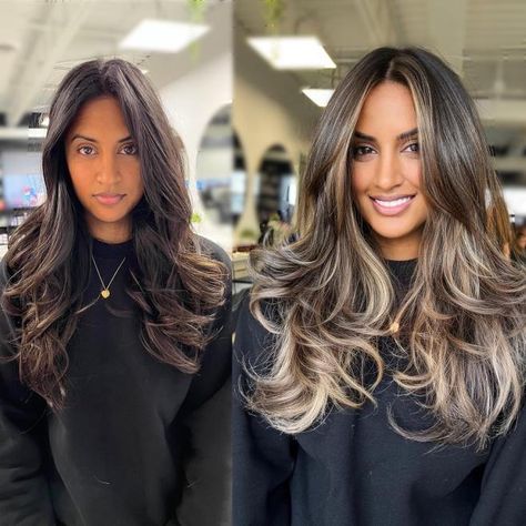 Midshaft-to-Ends Layers for Long Hair Balyage Long Hair, Rambut Brunette, Blonde Highlights On Dark Hair, Blonde Hair Transformations, Black Hair Balayage, Brown Hair Looks, Brown Hair Inspo, Brunette Hair With Highlights, Balayage Hair Dark