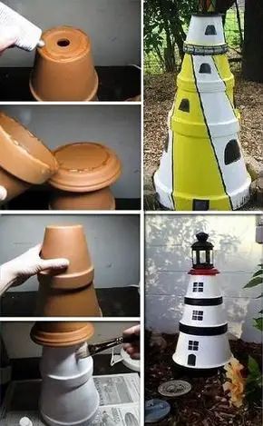 15 Flower Pot Lighthouse Projects | DIY Clay Pot Lighthouse Clay Pot Lighthouse, Lighthouse Crafts, Deco Marine, Clay Pot Projects, Flower Pot People, Clay Pot People, Terra Cotta Pot Crafts, Painted Clay Pots, Clay Flower Pots