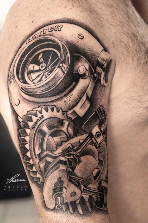 Car Turbo Tattoo, Mechanic Tattoo Ideas For Men, Car Part Tattoo Design, Car Part Tattoo, Crankshaft Tattoo, Classic Car Tattoo Ideas, Engine Tattoo Mechanical, Motor Tattoo Ideas, Diesel Mechanic Tattoo