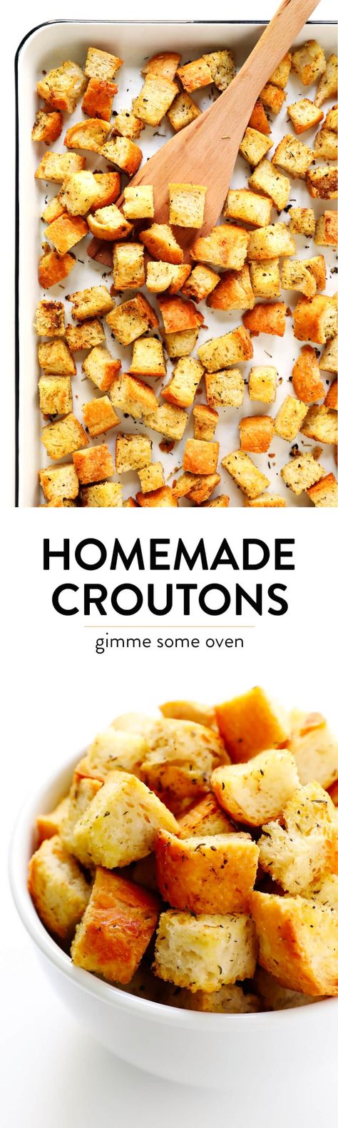 LOVE this homemade croutons recipe! They're easy to make with any kind of leftover bread, and the perfect topping for salad, soup and more! | Gimme Some Oven #croutons #homemade #salad #easy #recipe Homemade Stuffing Recipe, Croutons Recipe, Crouton Recipes, Homemade Stuffing, Salad Soup, Stuffing Casserole, Leftover Bread, Gimme Some Oven, Croutons Homemade